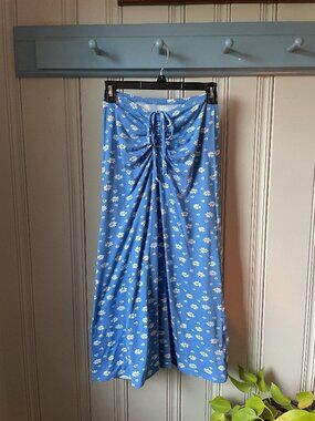American Eagle Blue Floral Midi Skirt XS Ruched Front Drawstring Daisy Print Ski